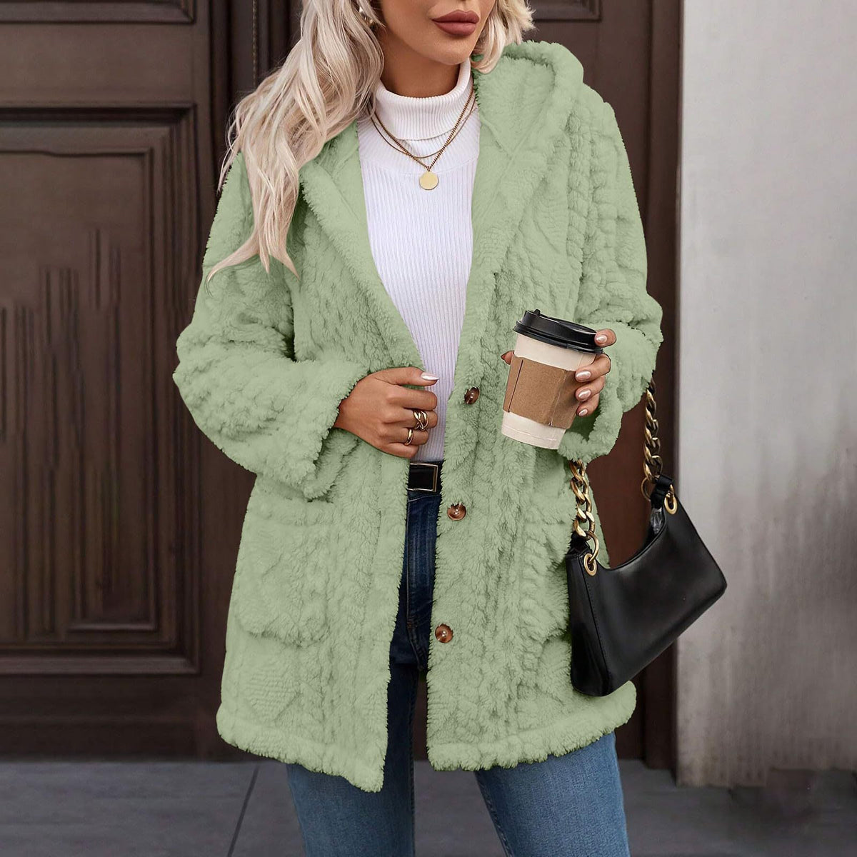 Hooded Solid Color Button Long Sleeve Women's Sweater, Sweater