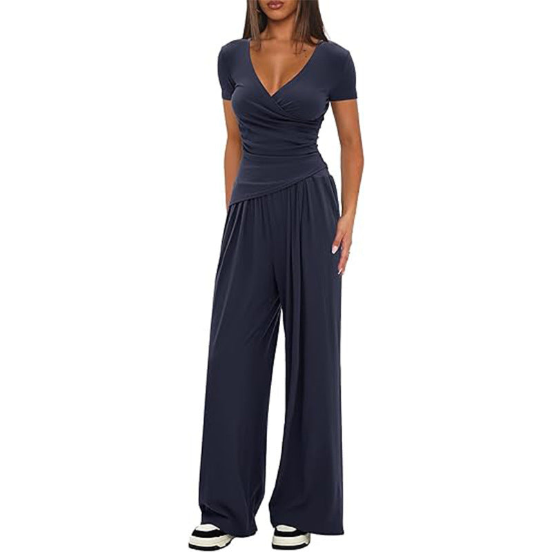 Solid Color Warp Knitted Short-sleeved Matching Fashion Casual Suit