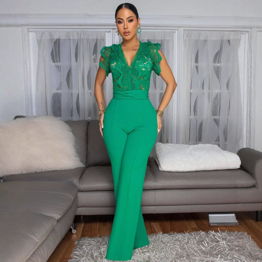 Women's Personalized Line Lace Stitching Sleeveless Casual Jumpsuits