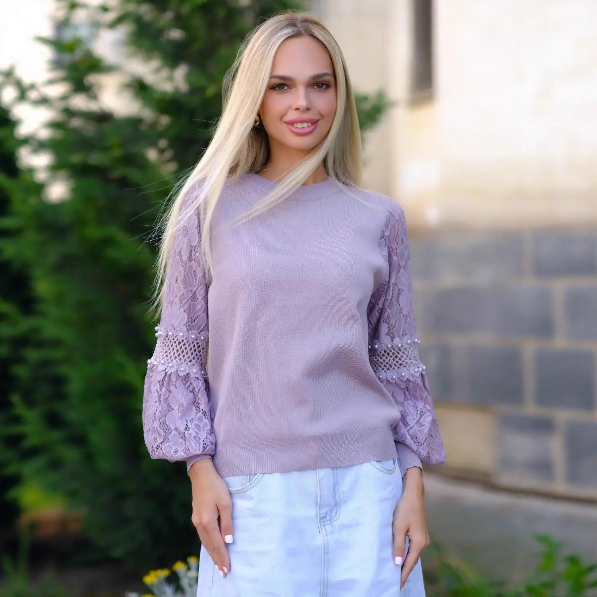 Women's Round Neck Long Sleeve Lace Stitching Sweaters