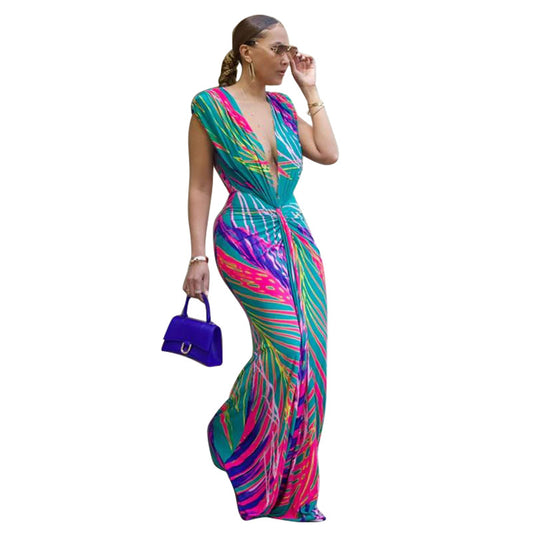 Women's Wear Sleeveless Printed Sexy Deep V Dresses