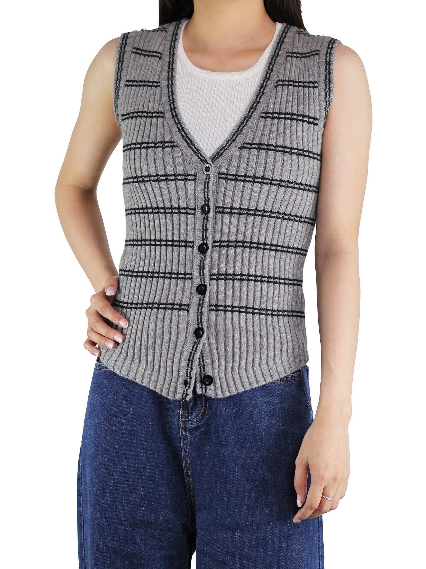 Women's Cool Waistcoat Collar Striped Knitted Vests