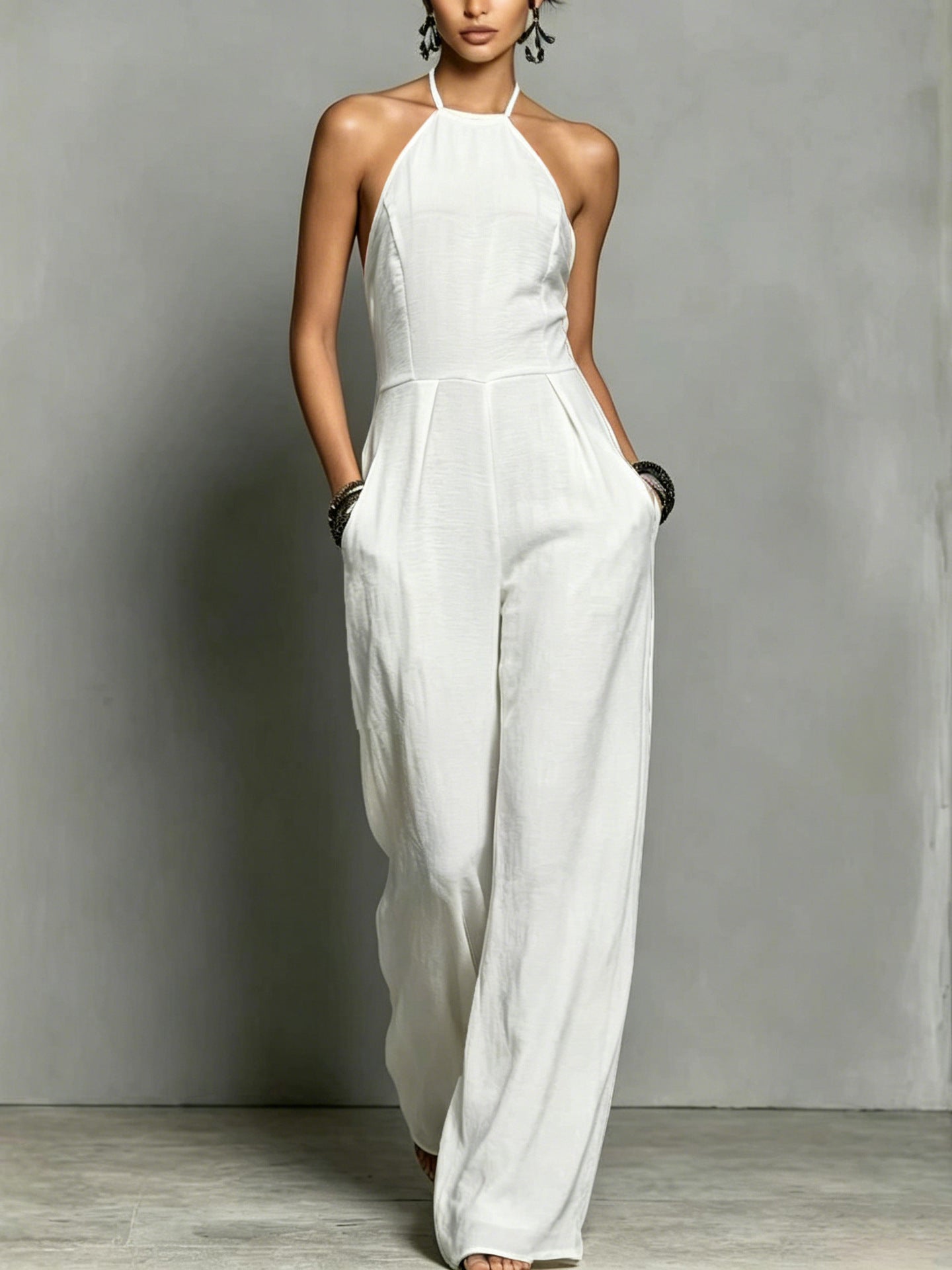 Women's Vacation Style Pleated Halter Backless Wide Women's Jumpsuit/clothing