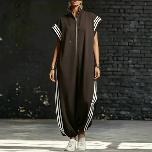 Women's Zipped Stand Collar Striped Contrast Color Jumpsuits