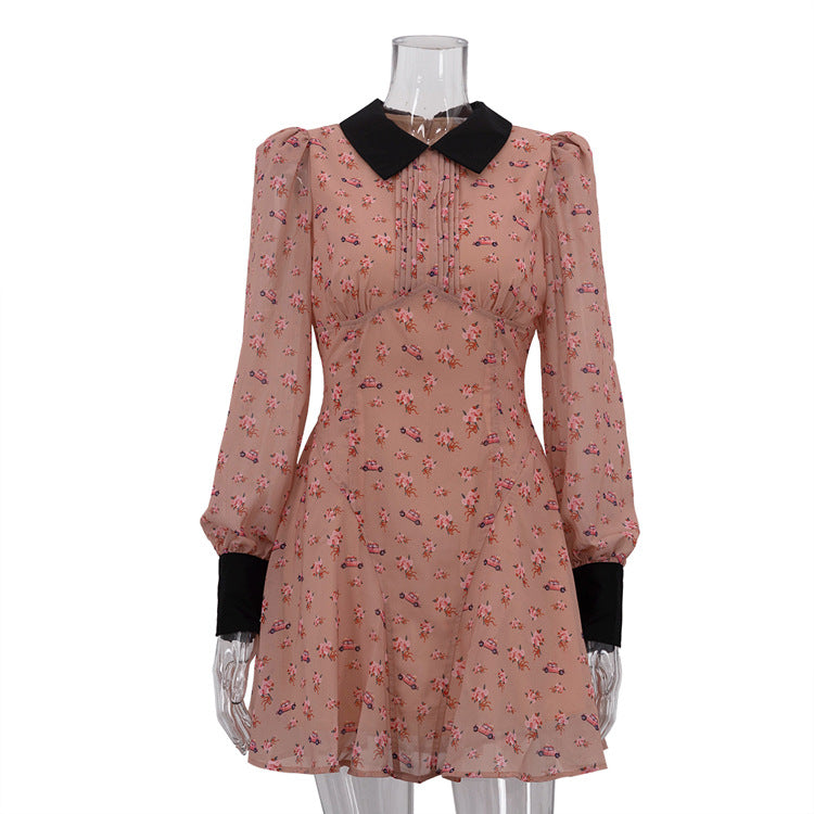 Women's Printing Color Contrast French Dress Design Pleated Lapel Dresses