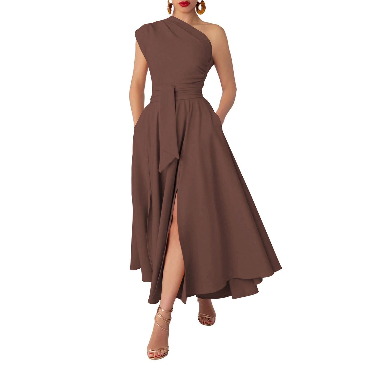 Women's Fashion Wear Sleeveless Diagonal Collar Solid Dresses
