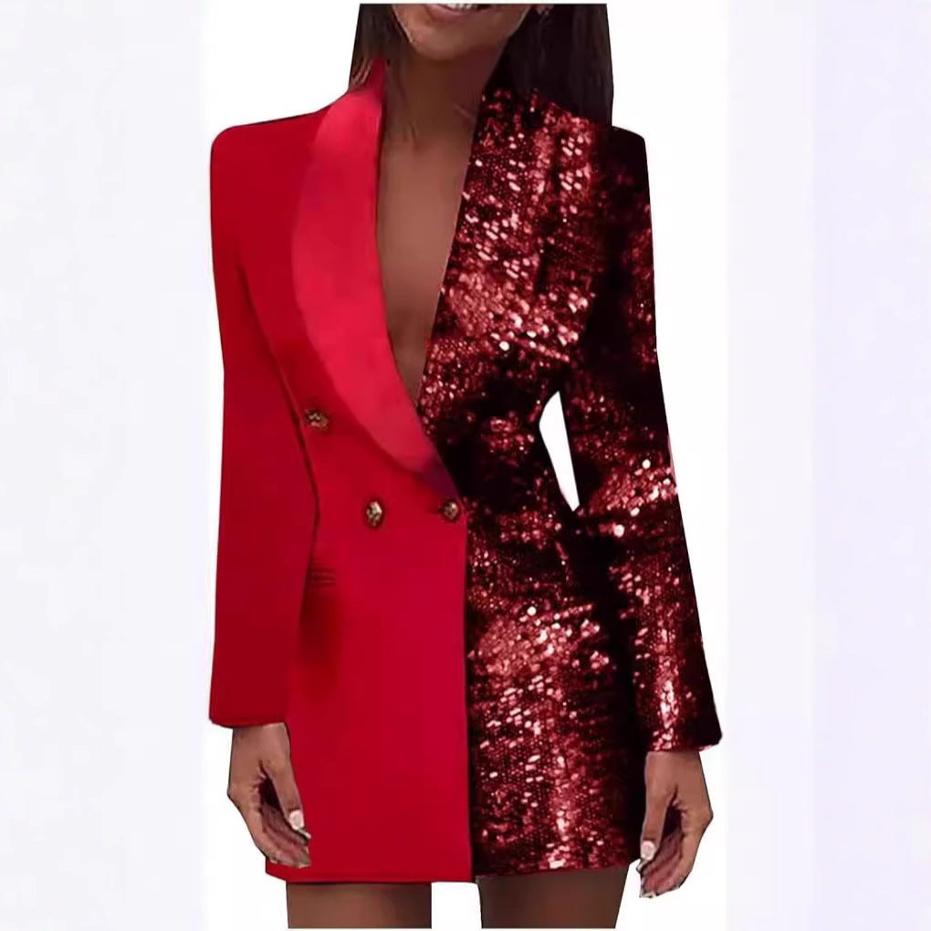 Sequined Long Sleeve Stitching Fashion Casual Suits