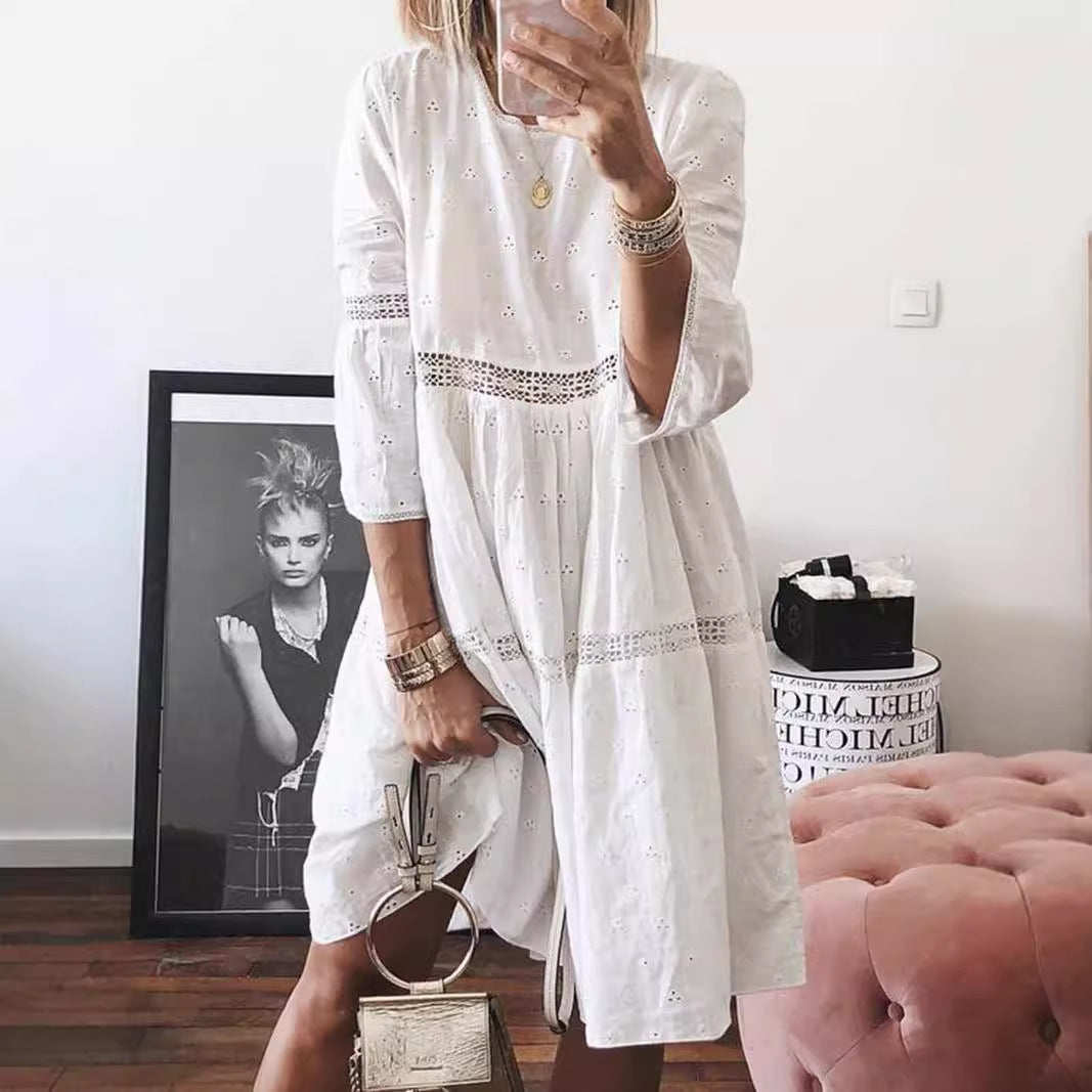 Women's Lace Stitching Hollow Embroidered Sleeve Dress Dresses