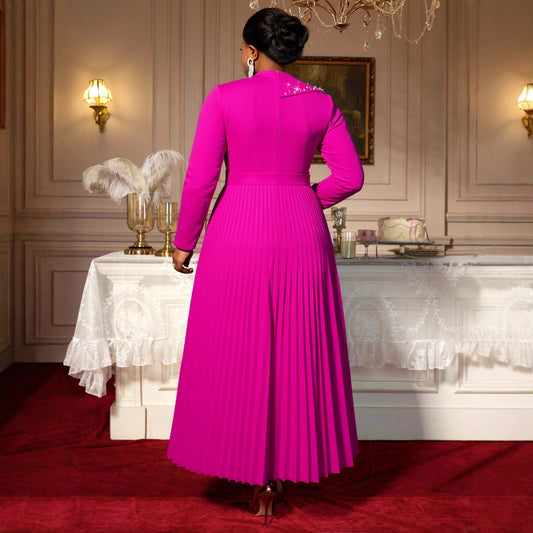 Women's Lapel Rose Red Beaded Pleated Ruffled Dresses