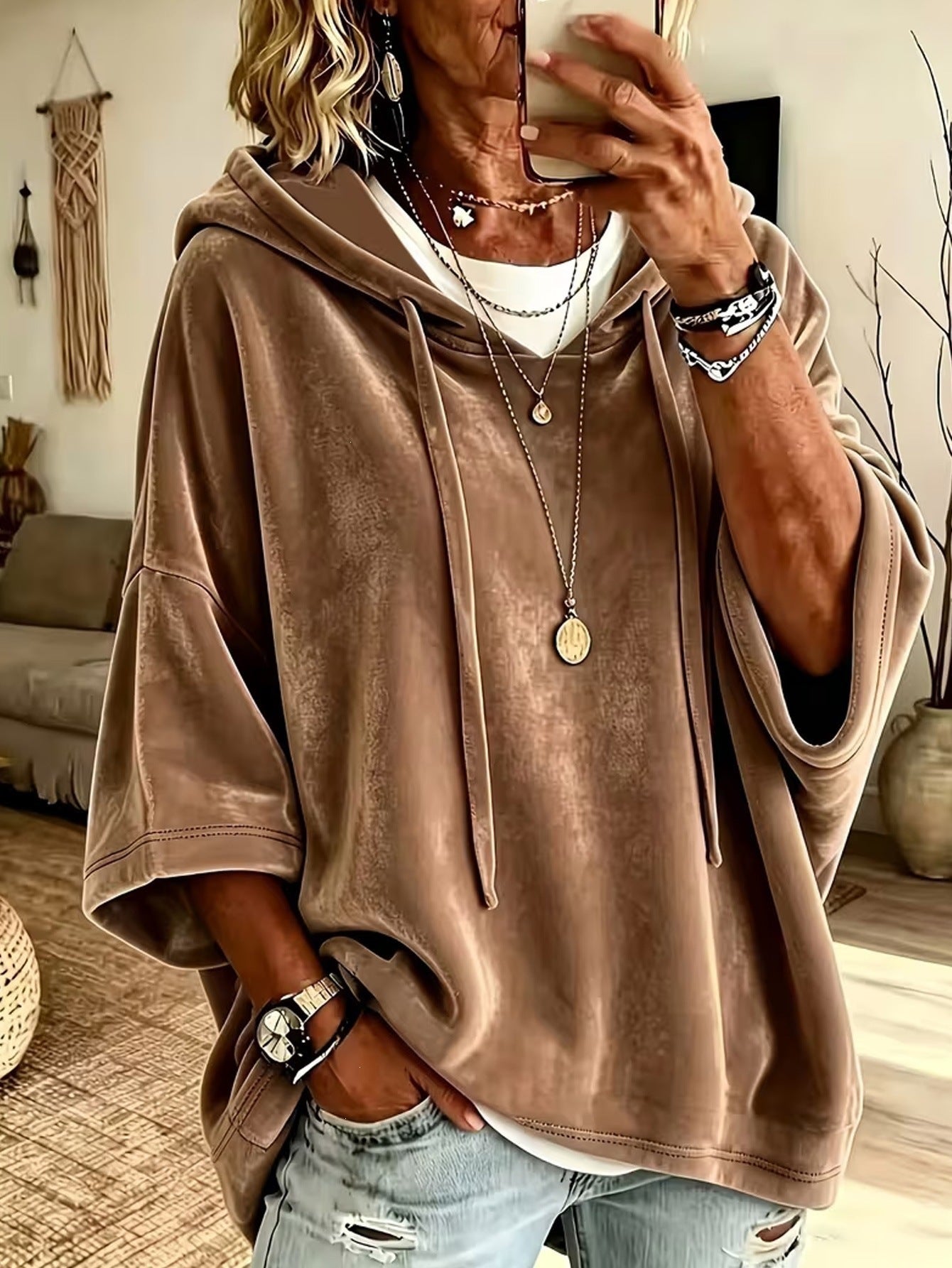 Women's Solid Color Casual Gold Veet Hooded Tops