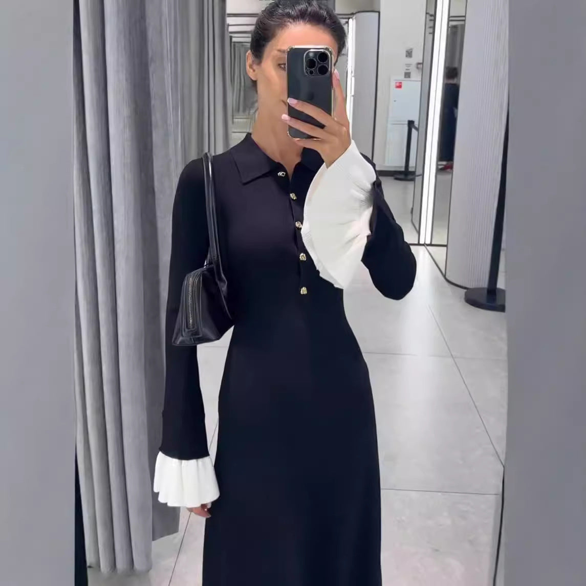 Women's Yarn Slimming Patchwork Long-sleeved Knitted Long Dresses