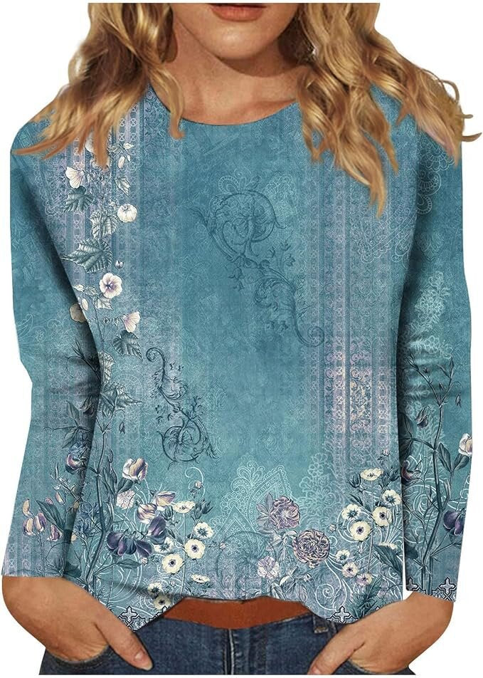 Women's Round Neck Long Sleeve Loose Print Tops