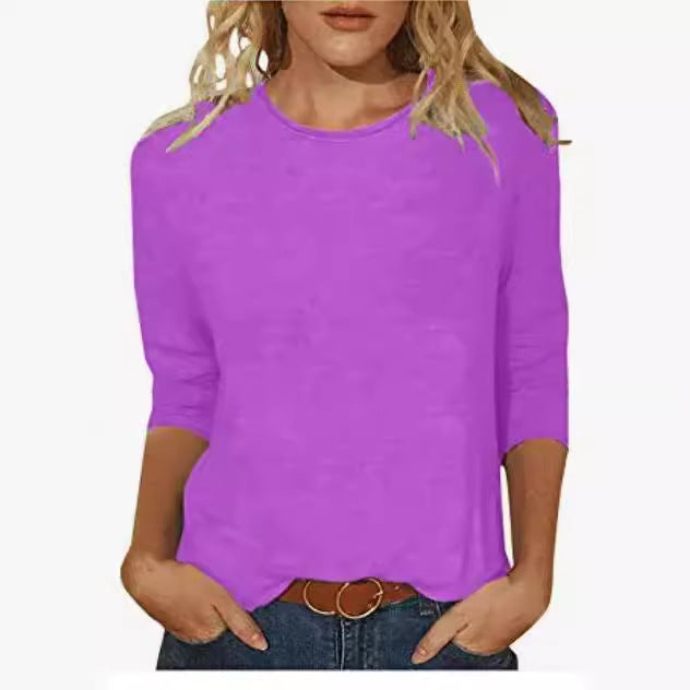 Women's Round Neck Printed Solid Color Three-quarter Women's T-shirt