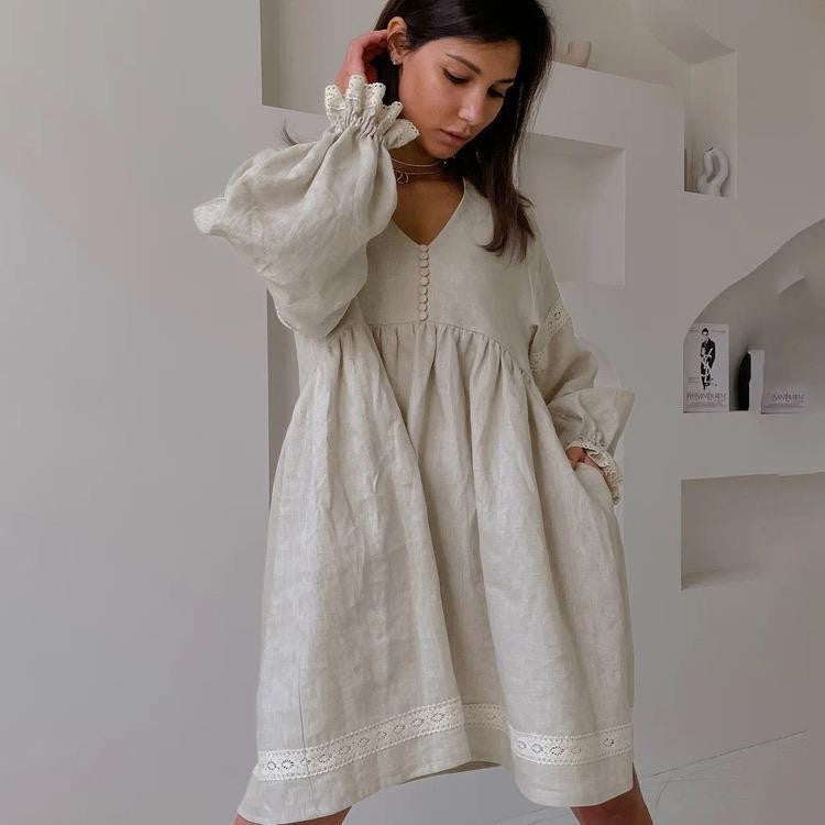 Women's Cotton Linen French Dress Temperament Commute Dresses