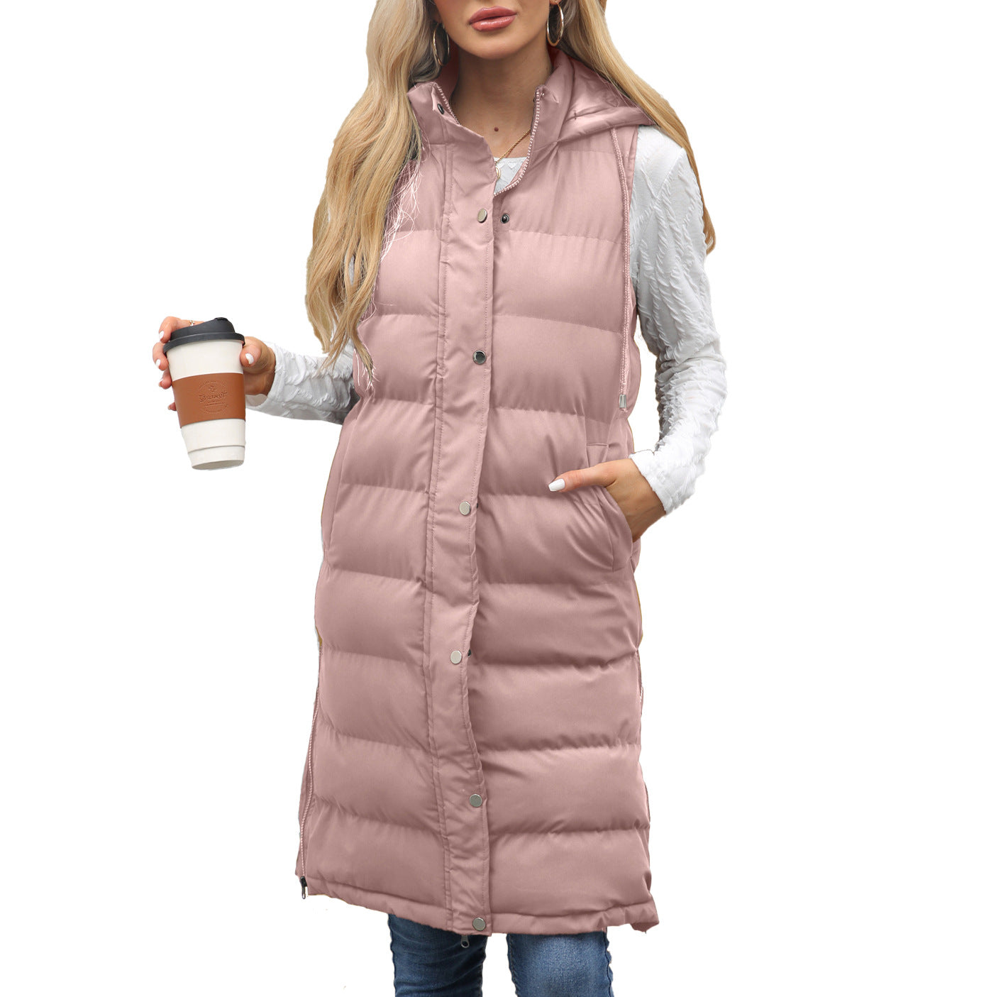 Women's Ladies Hooded Sleeveless Long Solid Color Vests