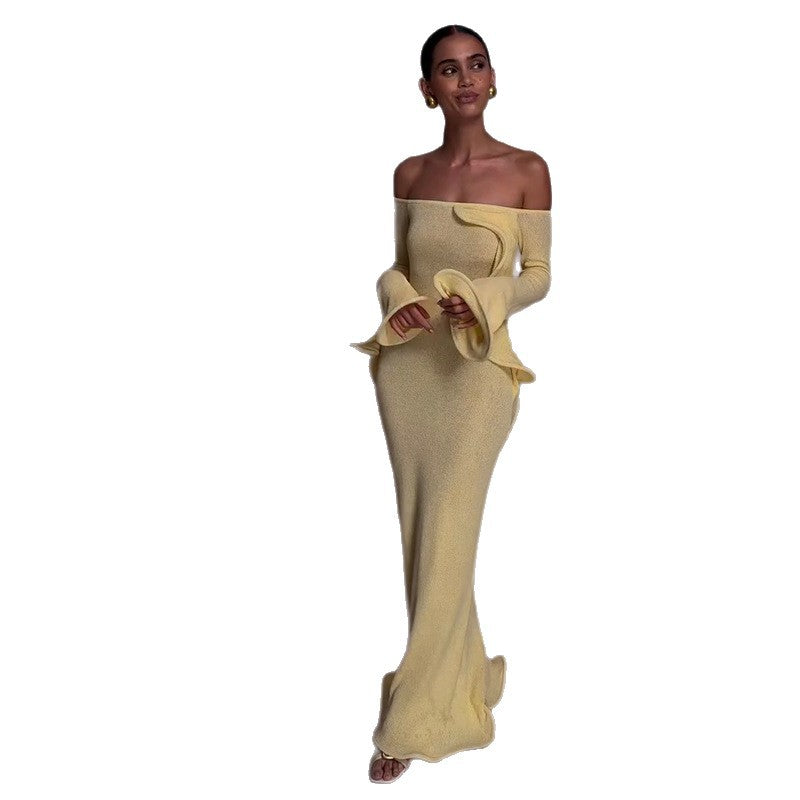 Women's Ruffled Long Sleeve Figure Flattering Dress Dresses