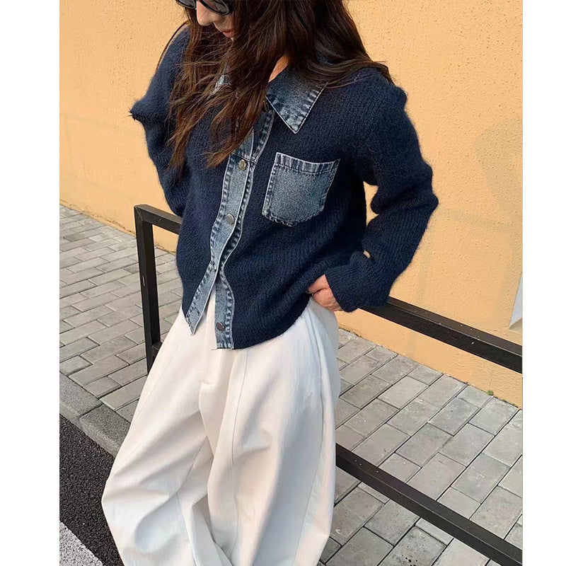 Women's Niche Retro Lapels Double Pocket Color Contrast Knitwear