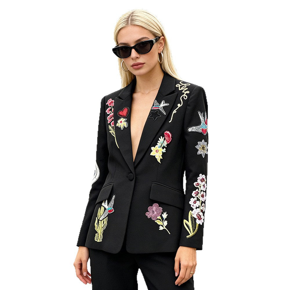 Charming Bead Embroidered Trousers Two-piece Set Jackets