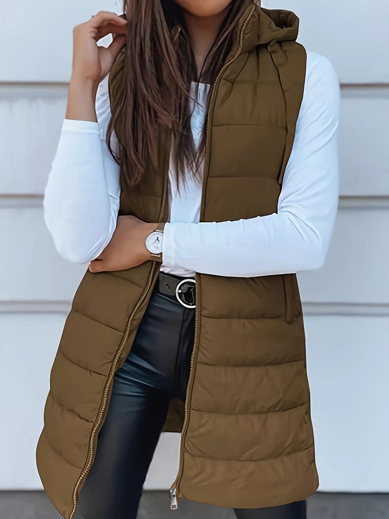 Women's Solid Color Hooded Zipper Cotton Mid-length Vests