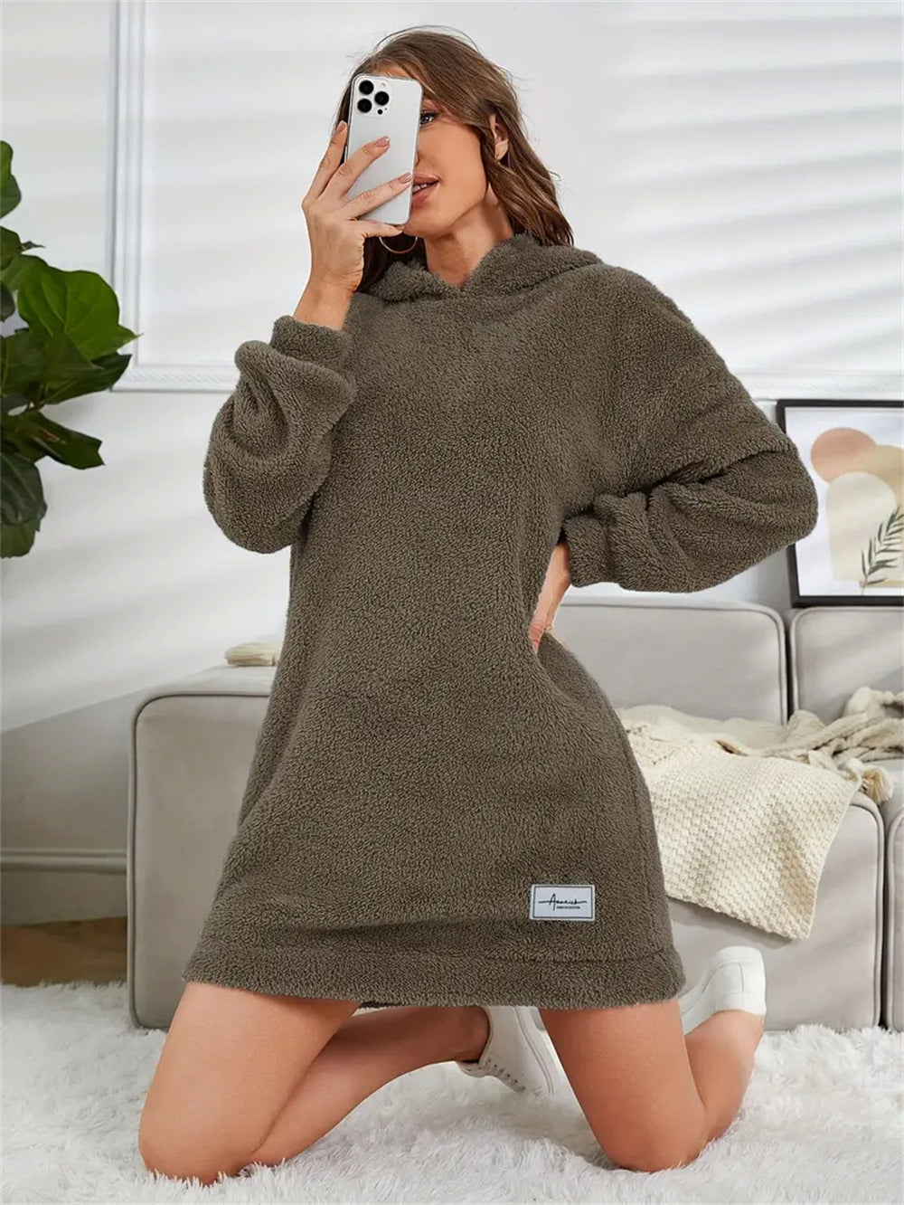 Women's Hooded Long-sleeved Plush Dress Loose Hoodie Women's Sweater, Sweater