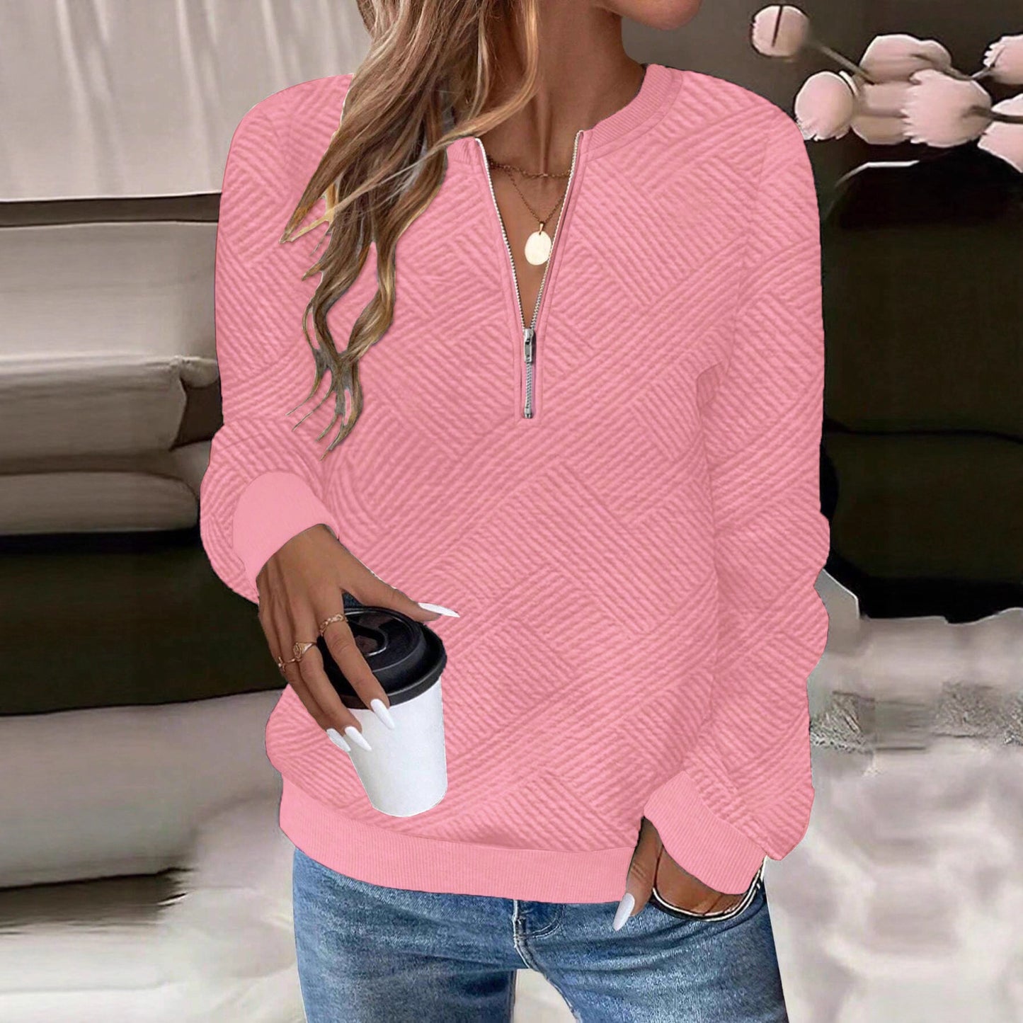 Women's Casual Solid Color Knitted Texture Fabric Women's Sweater, Sweater