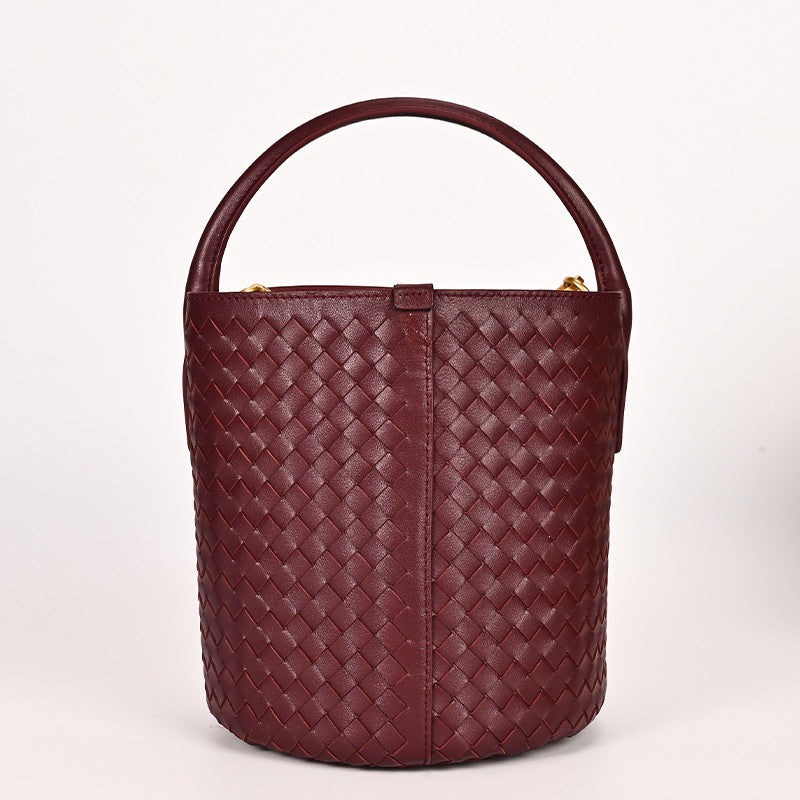 Woven Genuine Leather Vegetable Basket Commuter Bucket Bags