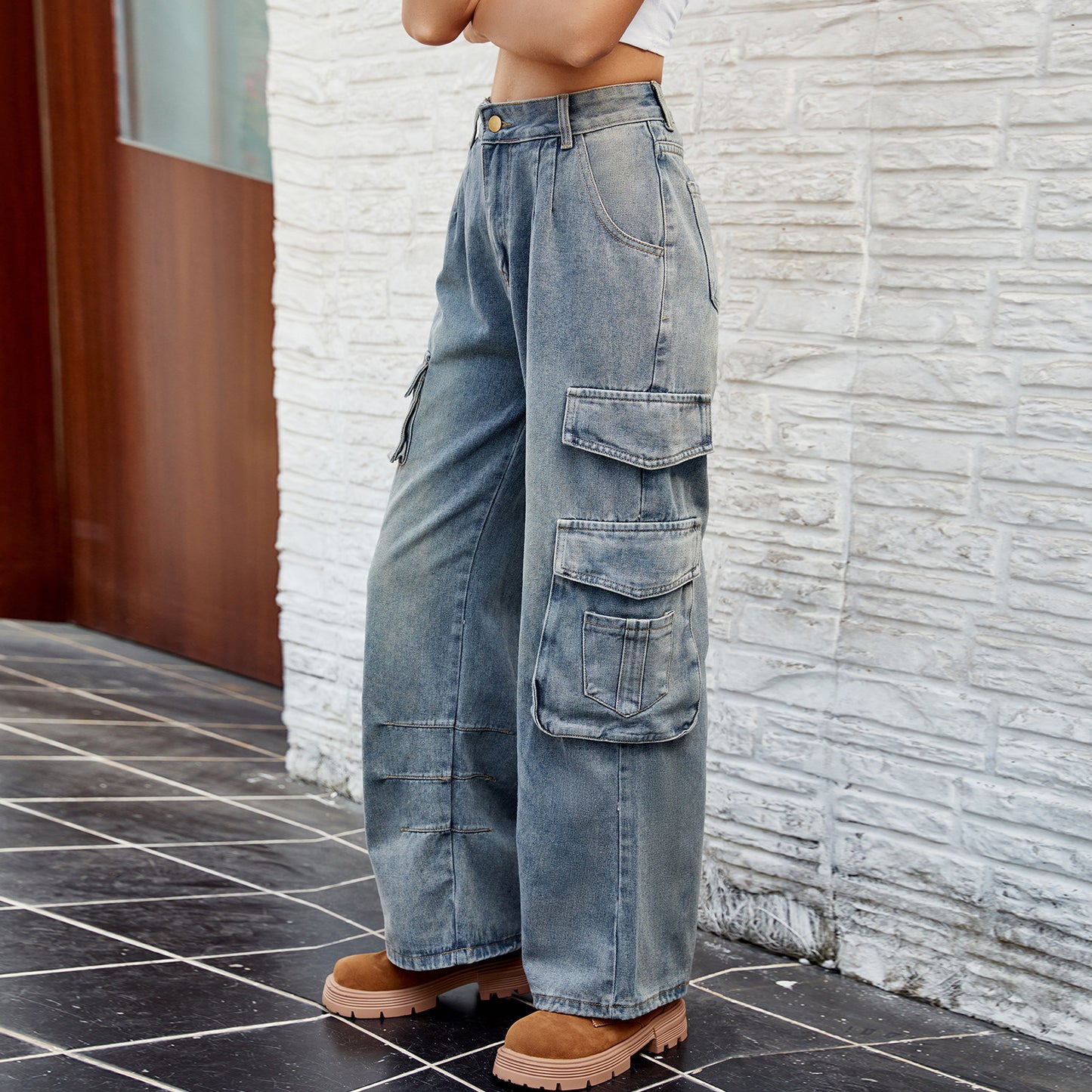 Women's Washed Half Elastic Loose Denim Overalls Women's Jeans