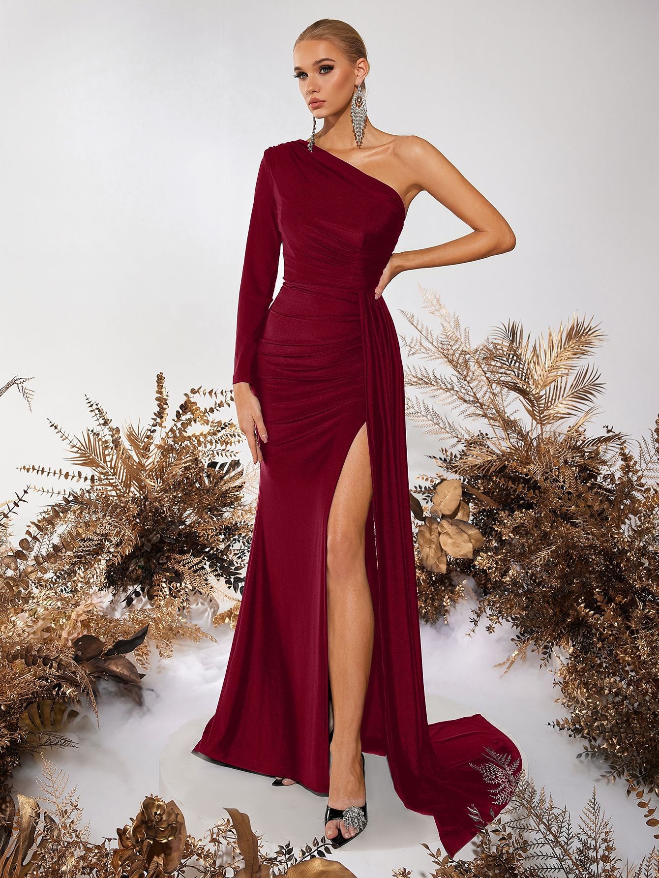 Diagonal Collar Slim Dress Sexy Slit Ribbon Dresses