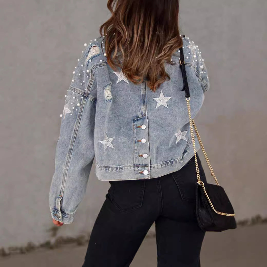 Women's Fashion Wear Beaded Loose Denim Jackets
