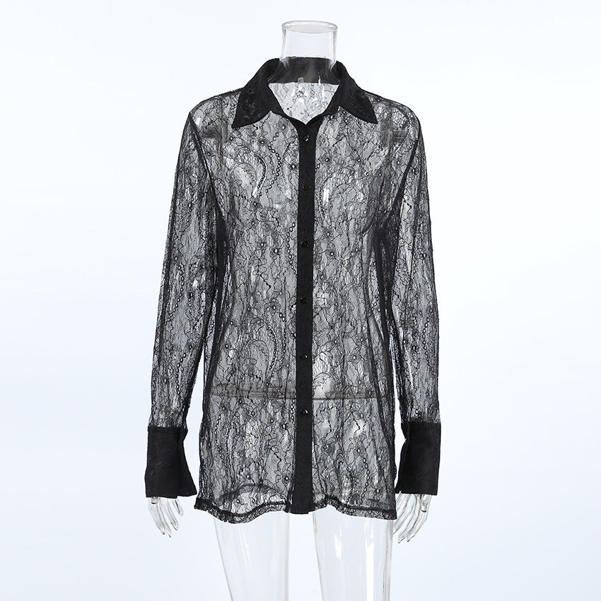Women's Sexy Lapel Long Sleeve Lace Shirt Blouses
