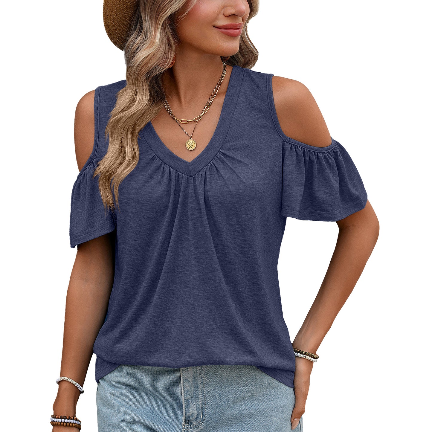 Trendy Solid Color Pleated Loose Sleeve Women's T-shirt