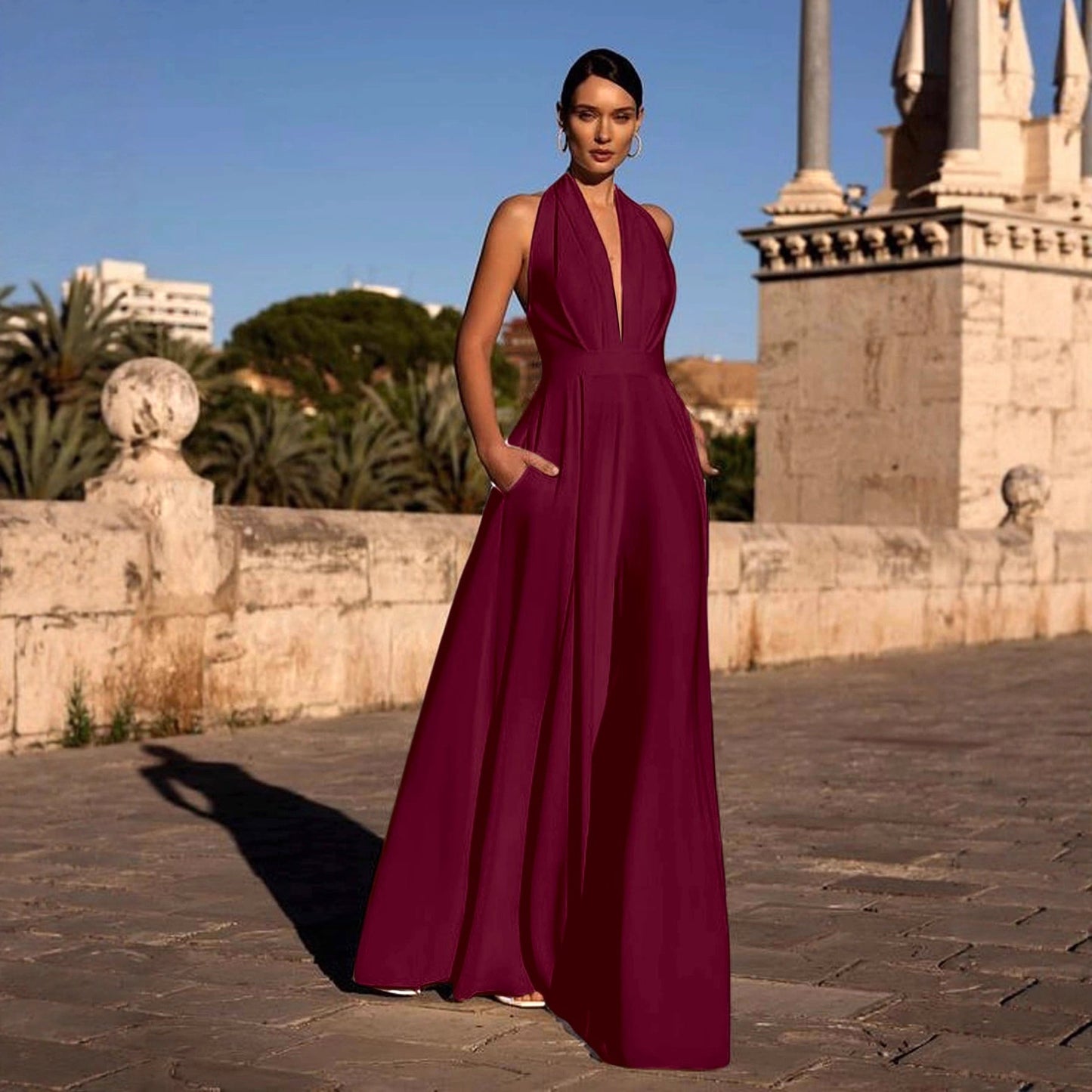 Women's Sleeveless Halter Solid Color Wide Leg Jumpsuits