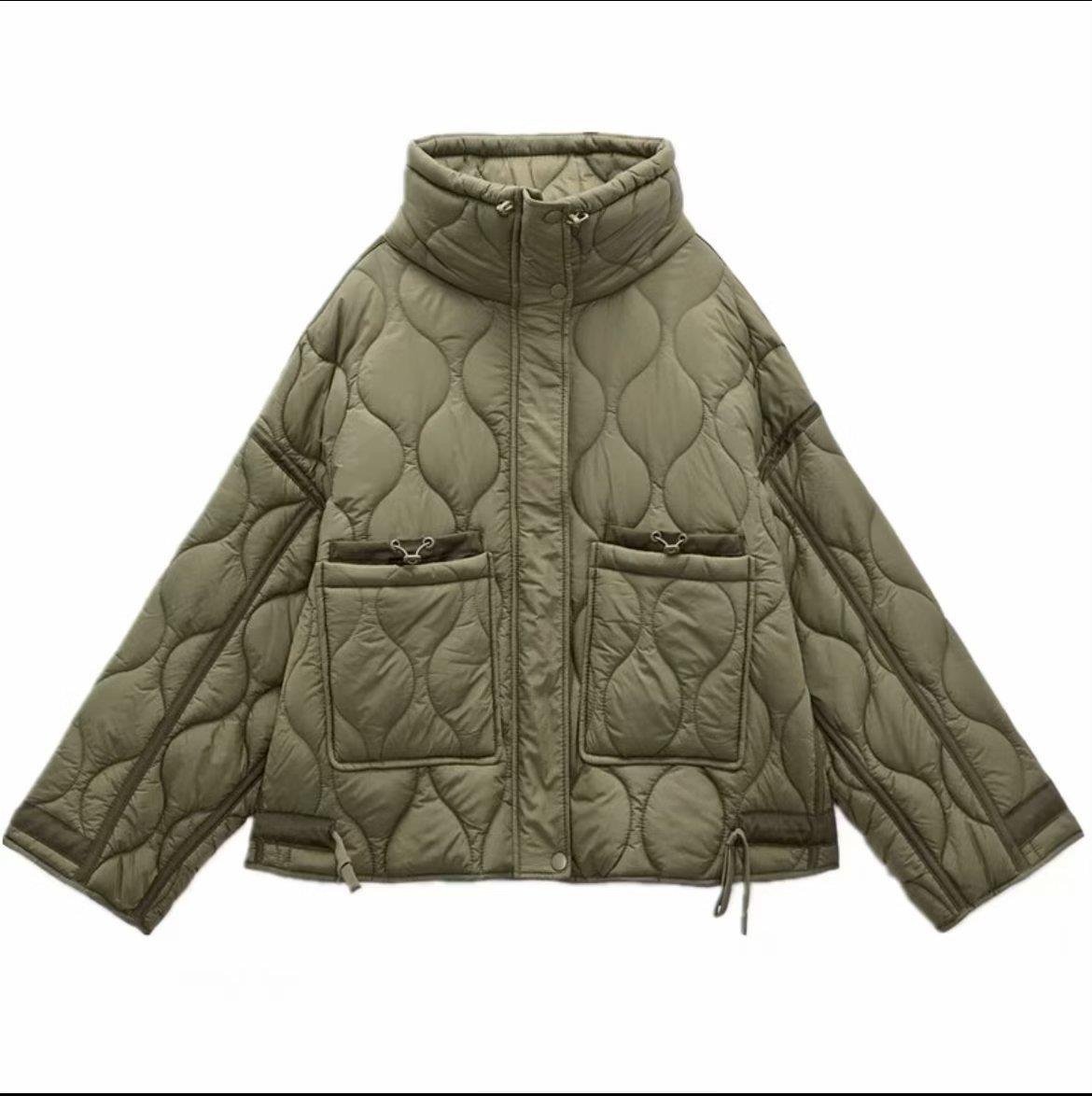 Women's Pocket Decoration Loose Long Sleeve Stand Collar Rhombus Jackets