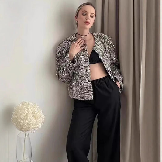 Women's Round Neck Pure Color Sequins Decorative Blazers