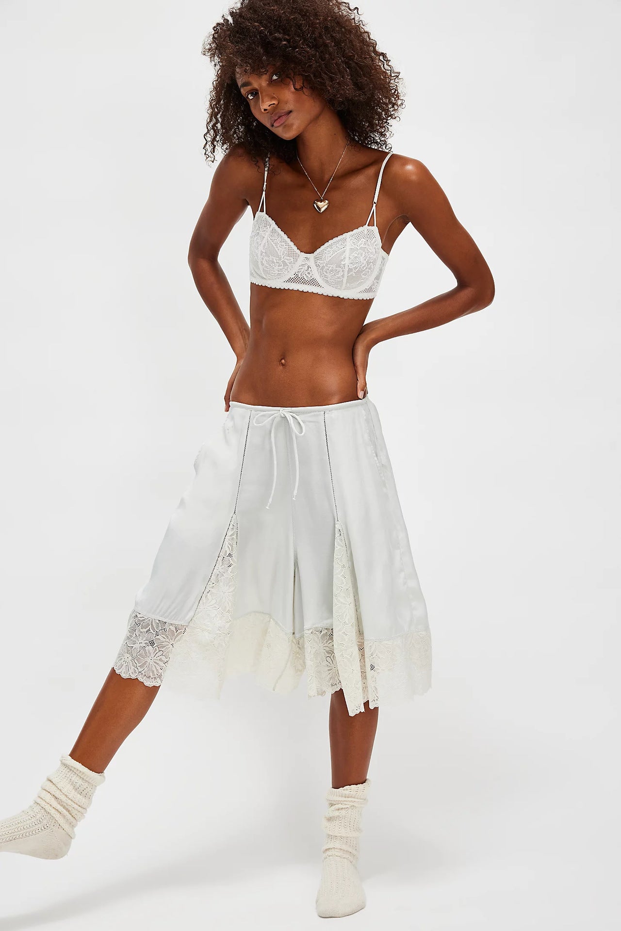 Women's Thin Satin Lace Sexy Cropped Solid Pants