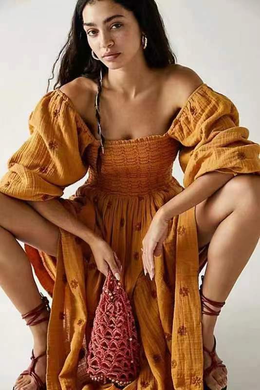 Autumn Casual Bell Sleeve Smocking Embroidered Square Dresses