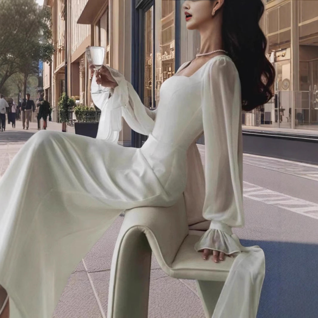 Style Temperament Square Collar Stitching Mesh Micro Transparent Dresses