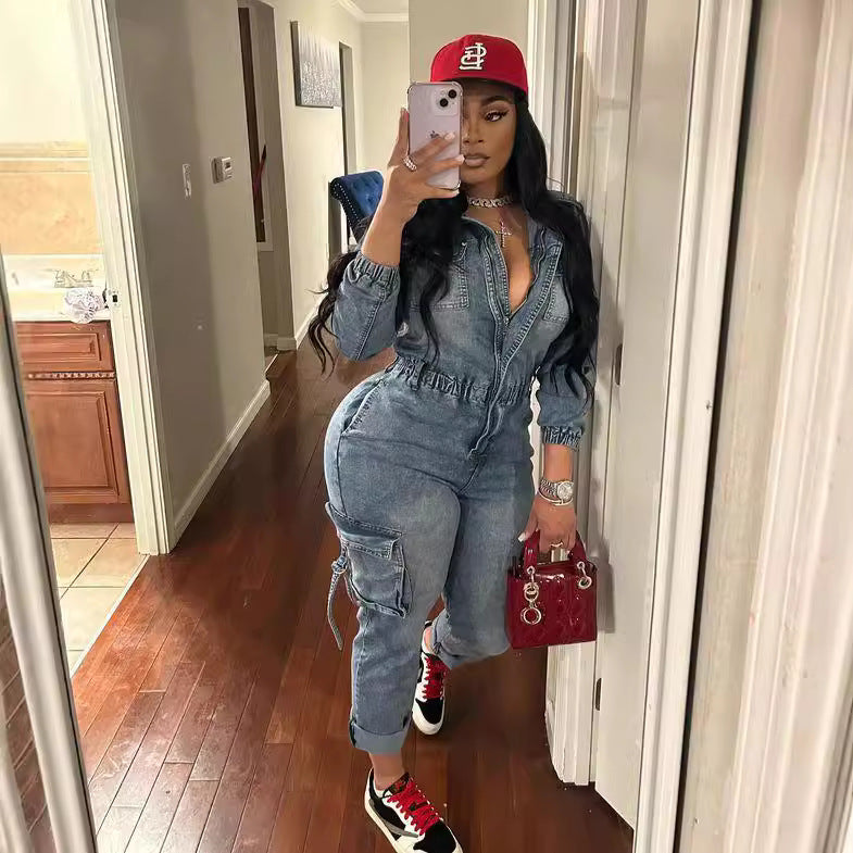 Denim Fashion Wash High Elastic Long Sleeve Jumpsuits