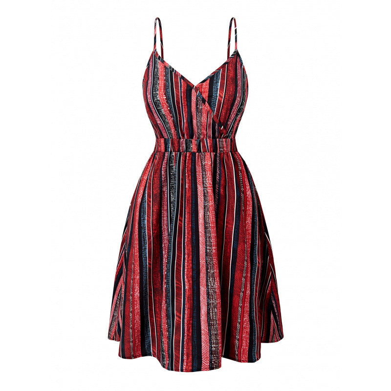 Women's Summer Striped Wrap Spaghetti Strap Elastic Dress