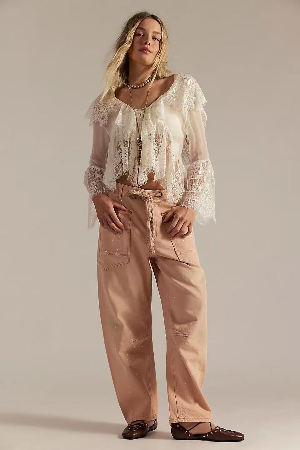 Retro Washed Stitching Patchwork Straight Drawstring Women's Jeans