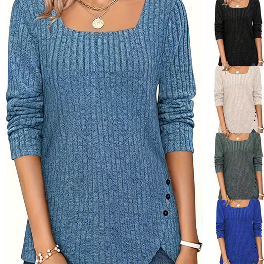 Women's Color Rib Fabric Square Collar Loose Women's T-shirt