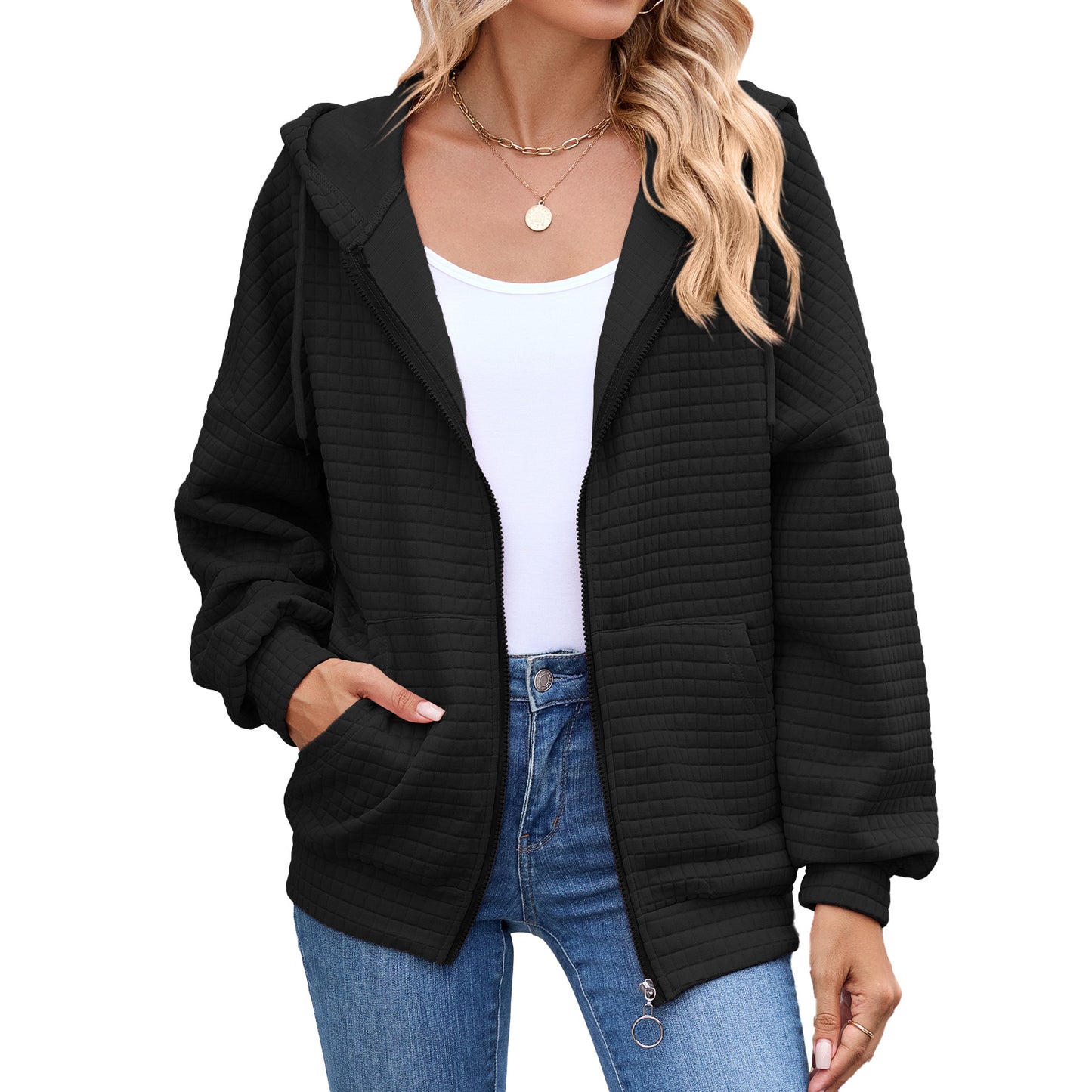 Women's Solid Color Zipper Hooded Pocket Sweatshirt Coats