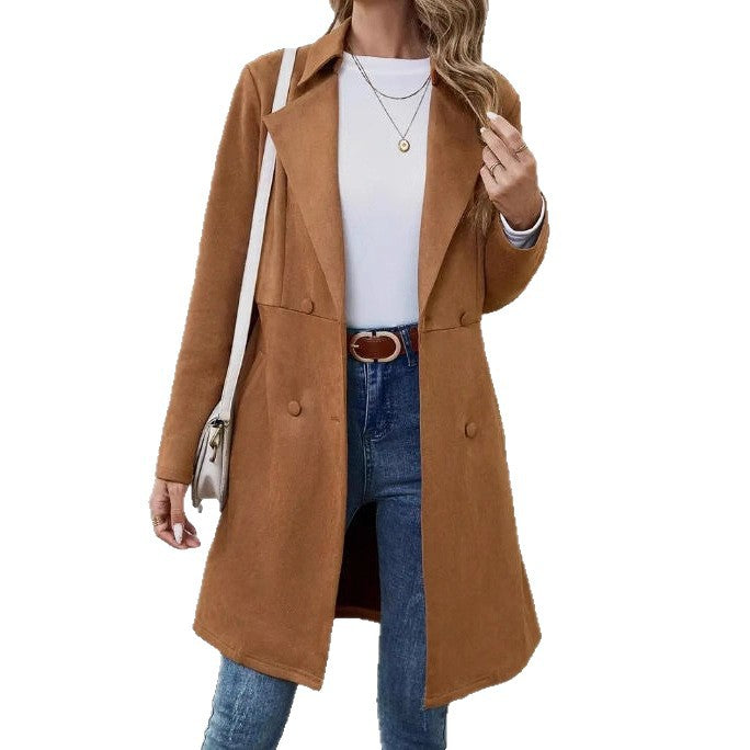 Women's Suede Fashionable Casual Polo Collar Mid-length Coats