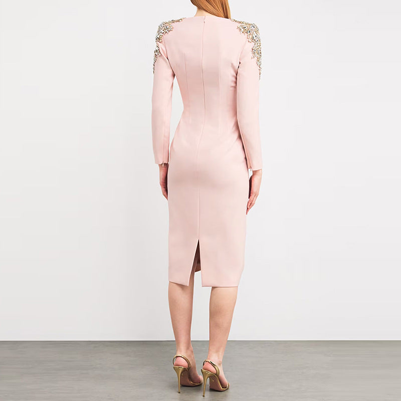 Comfortable Classic Fashion Bead Long-sleeved Midi Dress