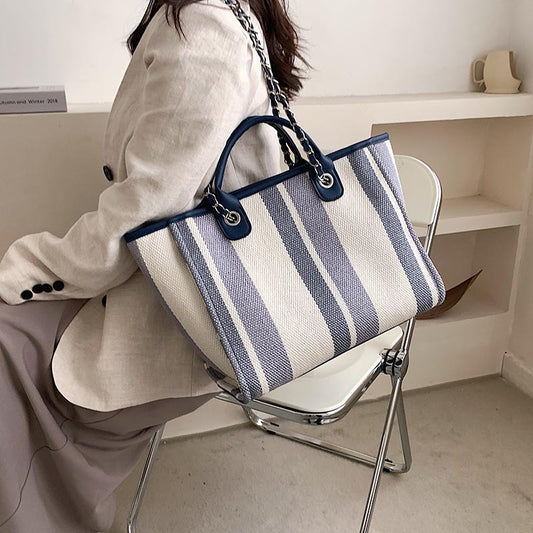 Women's Korean Style Large Capacity Striped Chain Shoulder Bags