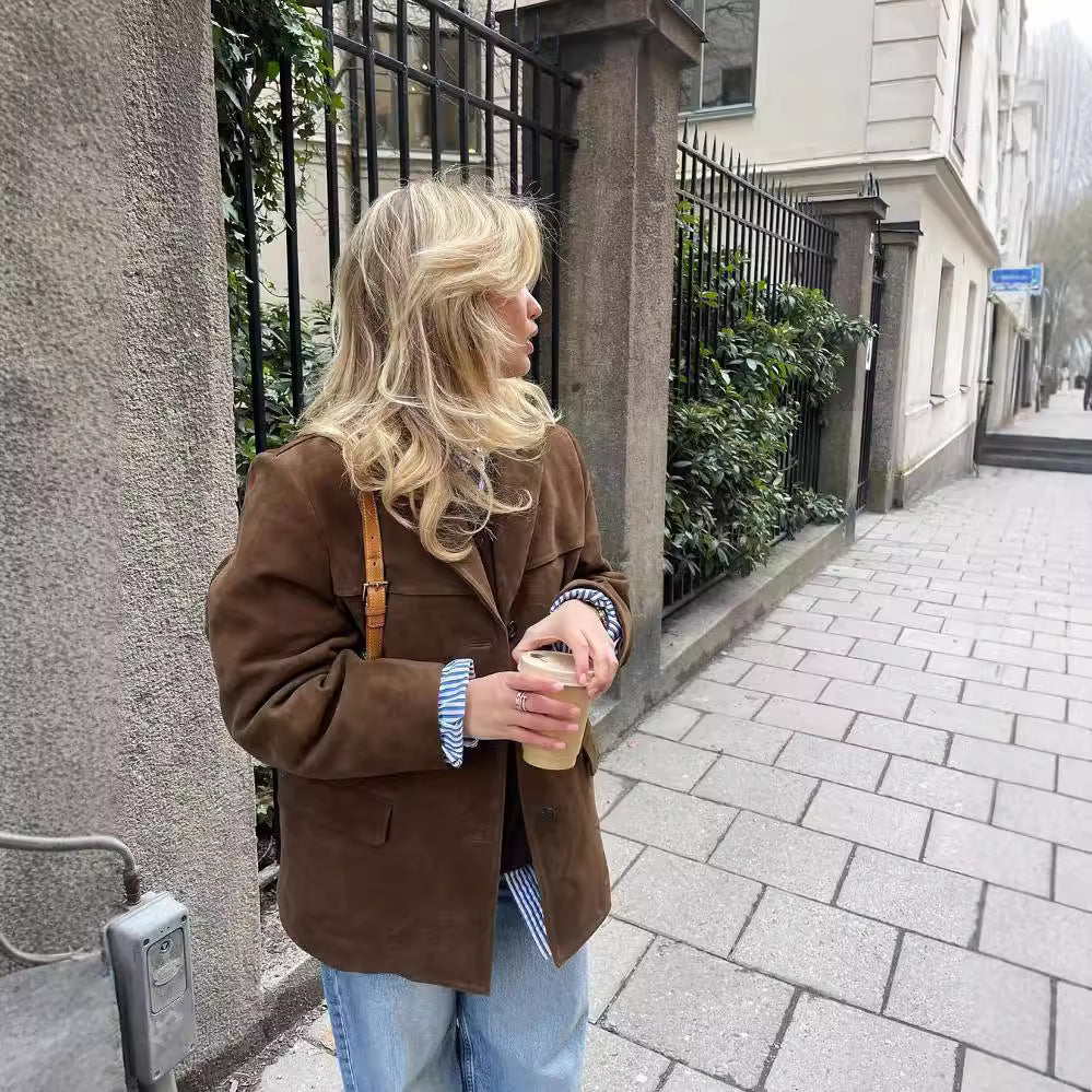 Durable Red Suede Retro Loose Lapels Jackets