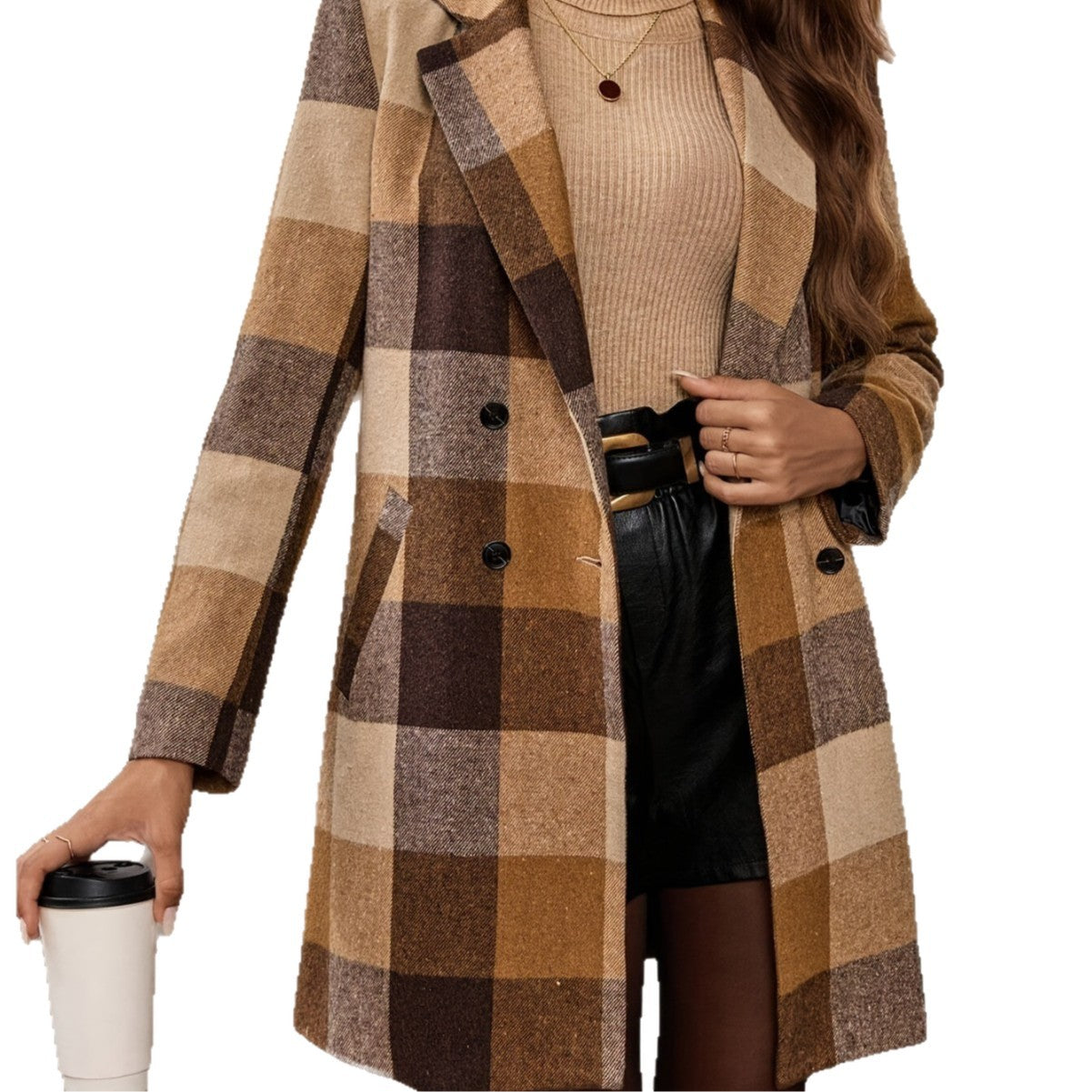 Women's Classic Plaid Woolen Camel Buttons Pocket Coats