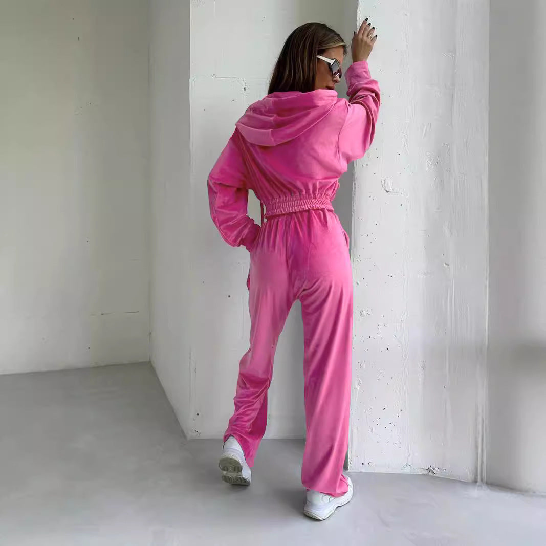 Women's Hooded Casual Zipper Sports Suede Trousers Suits