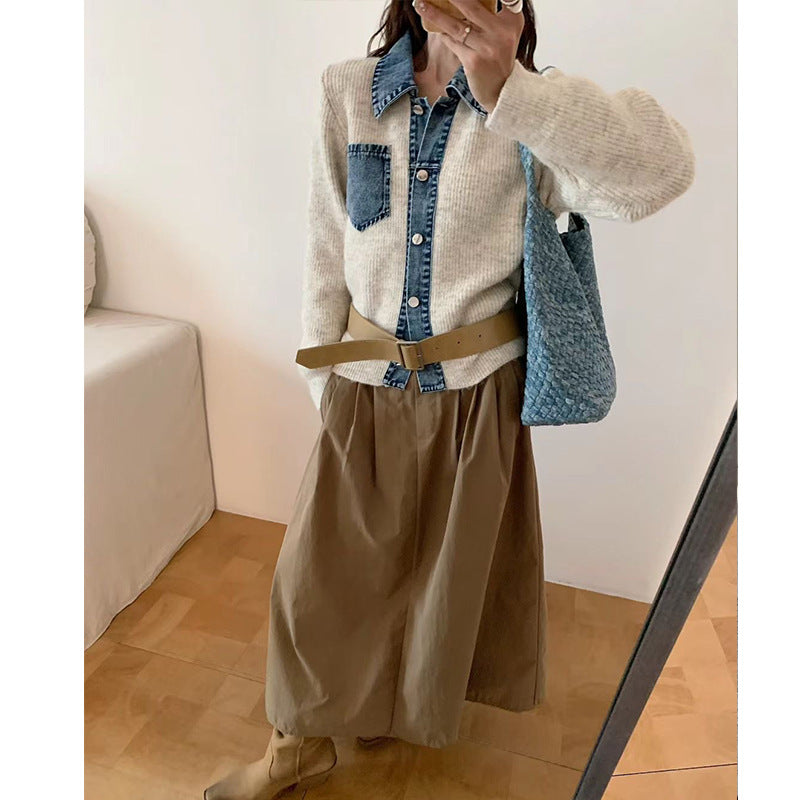 Women's Niche Retro Lapels Double Pocket Color Contrast Knitwear