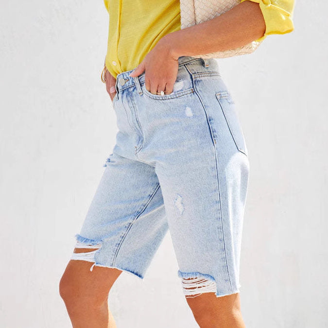 Women's Loose Mid Waist Cropped Ripped Women's Jeans